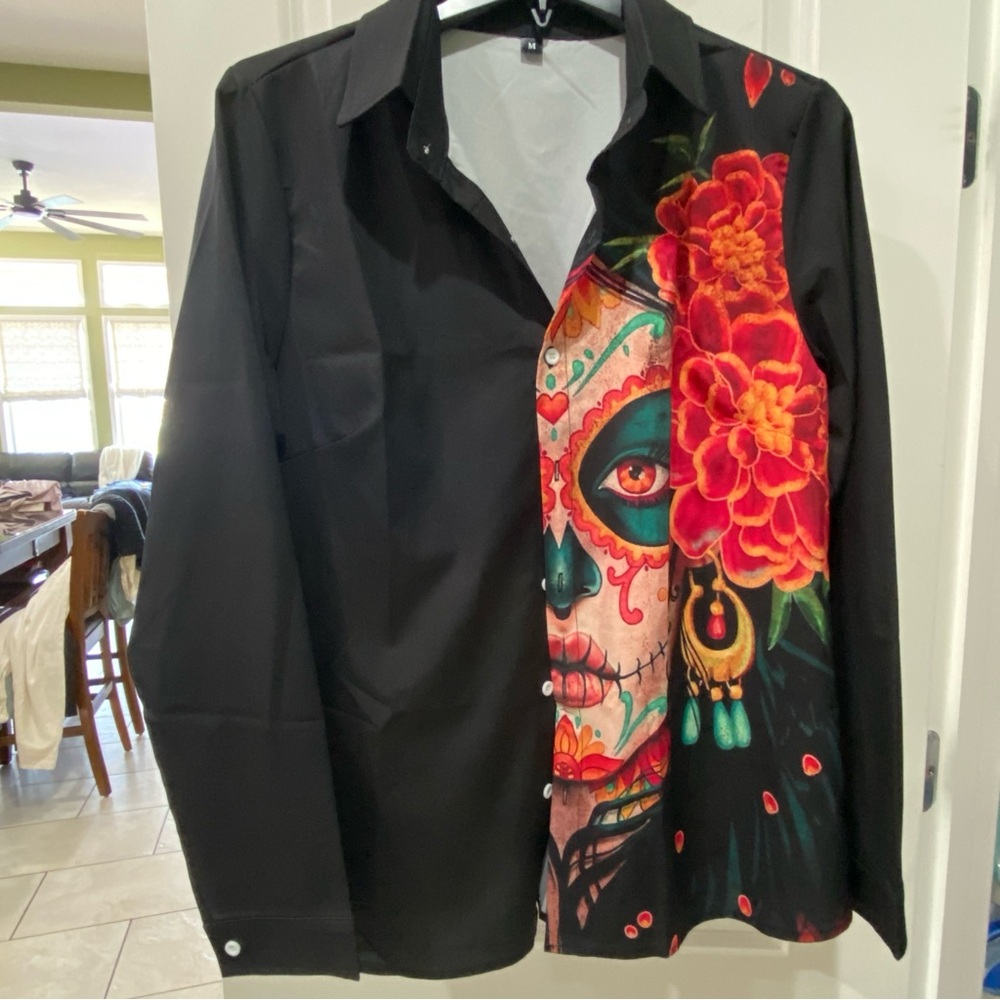 Black Shirt with Colorful Face and Floral Design